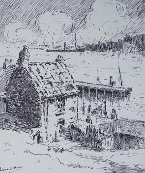 Edward E. Braun.., pen and ink, Riverside houses, indistinctly signed, 20 x 17cm, unframed